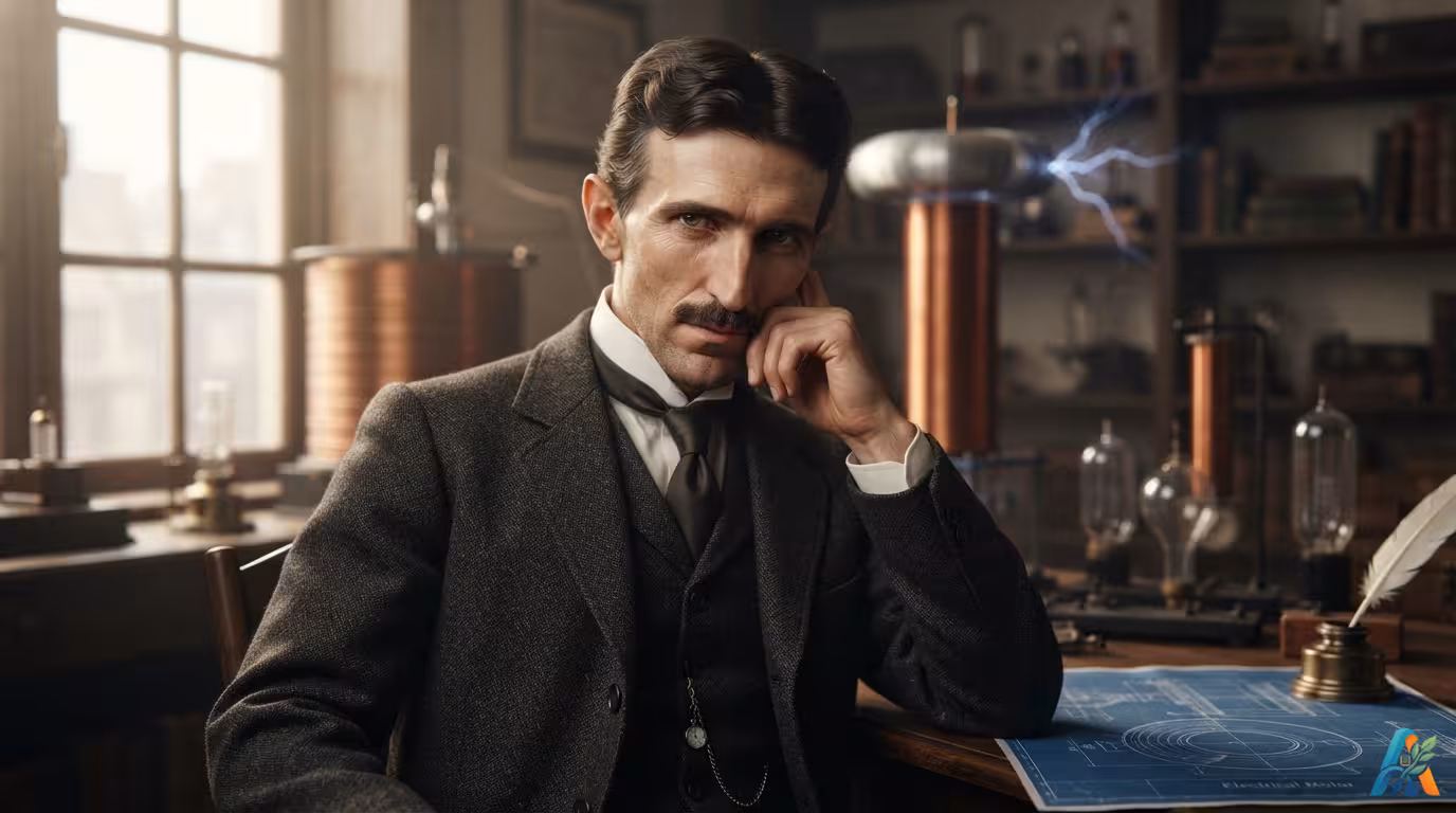 Potret fotorealistik Nikola Tesla muda di labnya, tangan di dagu, dengan cetak biru motor listrik dan kumparan Tesla di latar belakang.