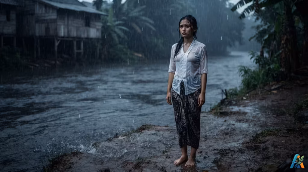 Potret sinematik seorang perempuan Indonesia dalam balutan kebaya putih basah, berdiri di dermaga kayu di bawah hujan deras, menatap sungai besar.