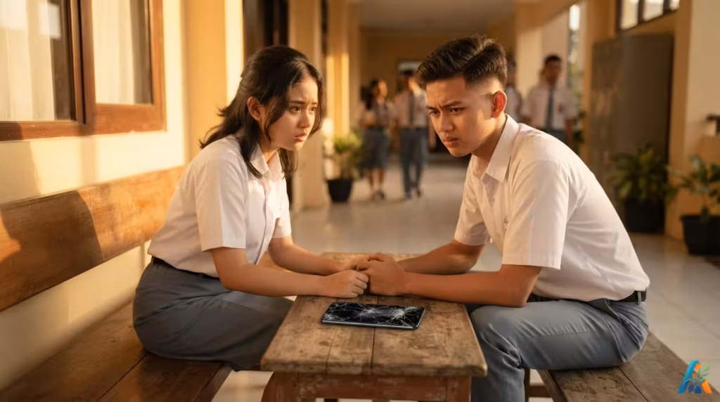 Dua siswa SMA Indonesia berwajah cemas memegang tangan di atas meja kayu dengan ponsel layar retak, di koridor sekolah saat golden hour.