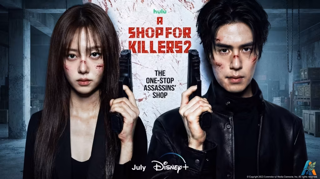 Poster musim kedua A Shop For Killers menampilkan dua pemeran utama dengan wajah terluka, memegang pistol, dengan latar gudang dan teks merah.