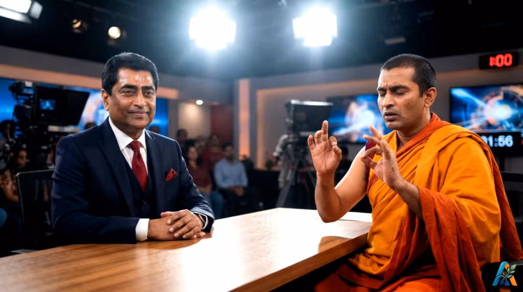 Sanal Edamaruku dalam setelan jas dan seorang biksu Buddha berjubah oranye duduk di studio televisi, mendiskusikan topik misterius.