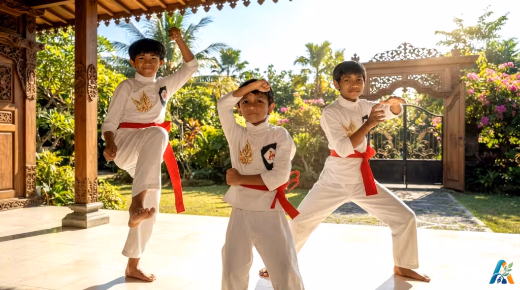 Tiga anak laki-laki Indonesia berseragam silat putih dengan sabuk merah, berpose di teras rumah tradisional yang cerah.