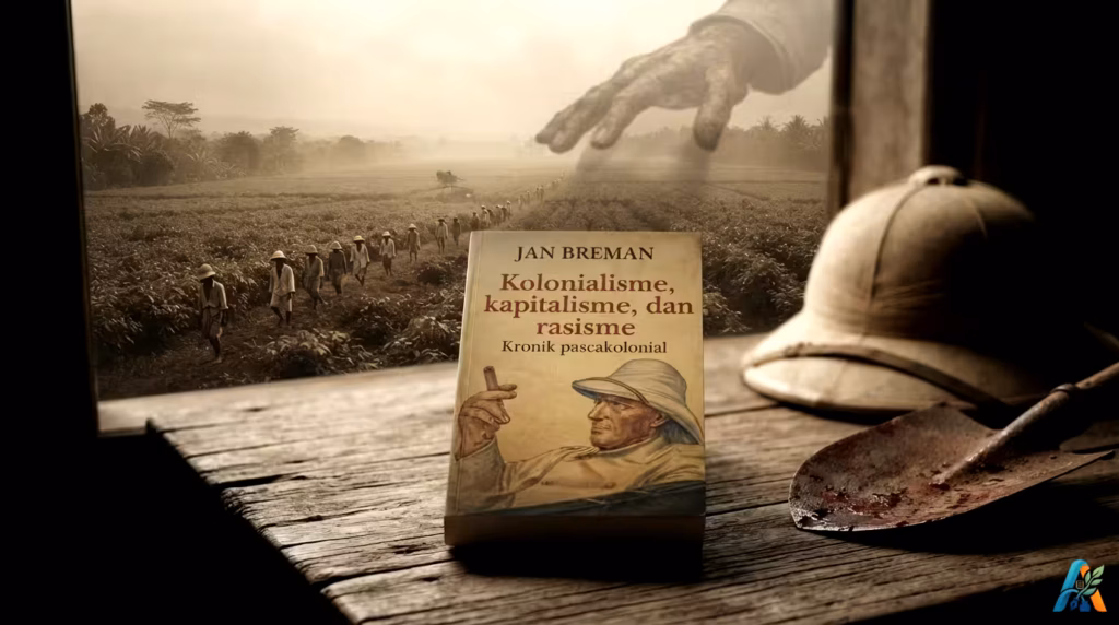 Buku Jan Breman di meja kayu dengan latar pemandangan kolonial Hindia Belanda dan tangan pengawas kolonial raksasa.