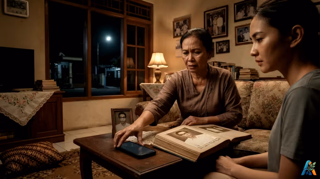Ibu dan anak perempuannya menatap foto almarhum kakek di ruang tamu, dengan suasana malam yang hening dan penuh refleksi.