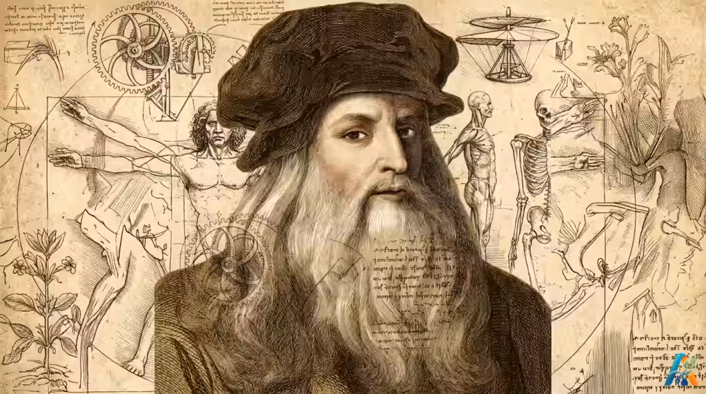 Kolase ilustrasi vintage potret Leonardo da Vinci dengan latar belakang sketsa teknik, Manusia Vitruvian, anatomi, dan helikopter dari buku catatannya.