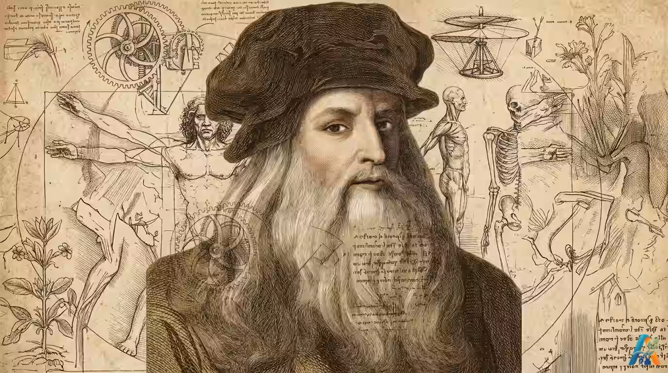 Kolase ilustrasi vintage potret Leonardo da Vinci dengan latar belakang sketsa teknik, Manusia Vitruvian, anatomi, dan helikopter dari buku catatannya.