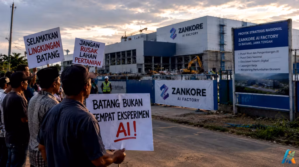 Warga memprotes pembangunan Zankore AI Factory di Batang, Jawa Tengah, dengan tuntutan perlindungan lingkungan dan lahan pertanian.