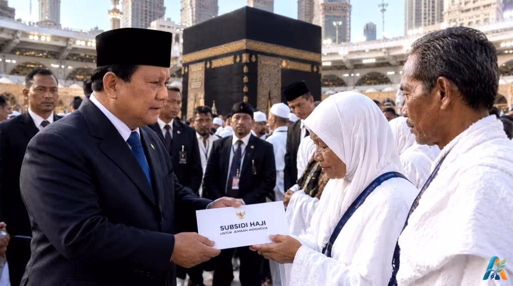 Prabowo menyerahkan bantuan subsidi haji kepada jemaah Indonesia di depan Ka'bah, Makkah, dalam ilustrasi sinematik realistis.