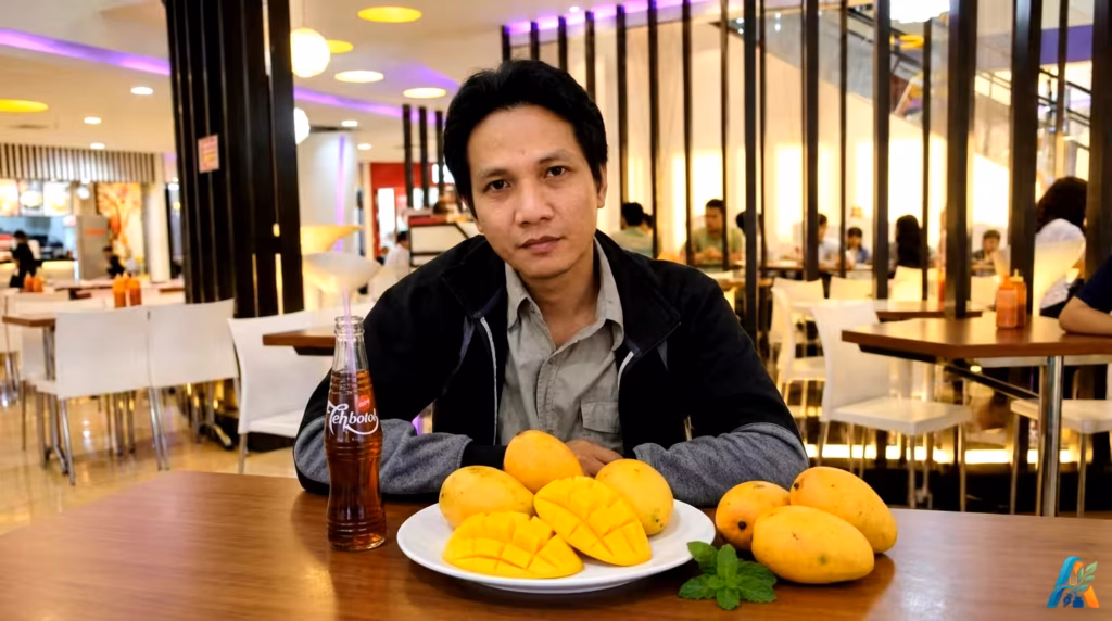 Pria duduk di meja restoran dengan piring berisi irisan mangga segar dan beberapa buah mangga utuh serta sebotol Tehbotol Sosro.