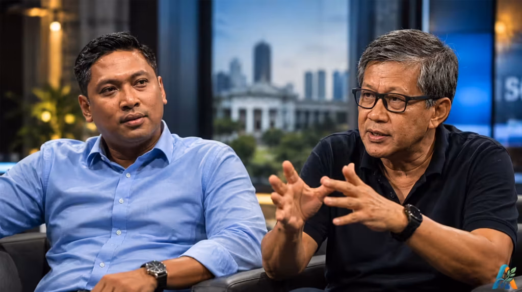 Sudaryono dan Rocky Gerung terlibat diskusi serius mengenai kepemimpinan Badan Gizi Nasional dalam suasana studio sinematik.