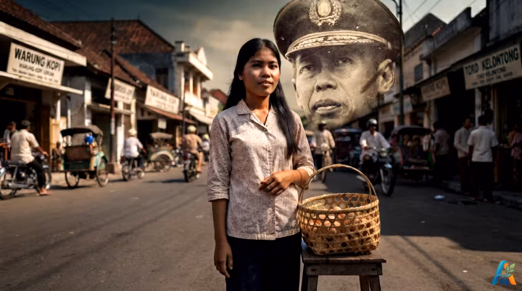 Sum Kuning, penjual telur di jalanan kota tua Indonesia dengan latar belakang potret Jenderal Hoegeng yang memudar.