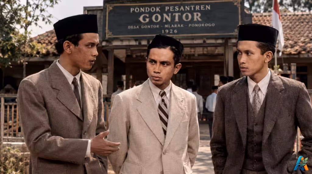 Tiga pendiri Pondok Pesantren Gontor berbincang serius di depan pesantren Gontor, Ponorogo, Jawa Timur, pada 1926.