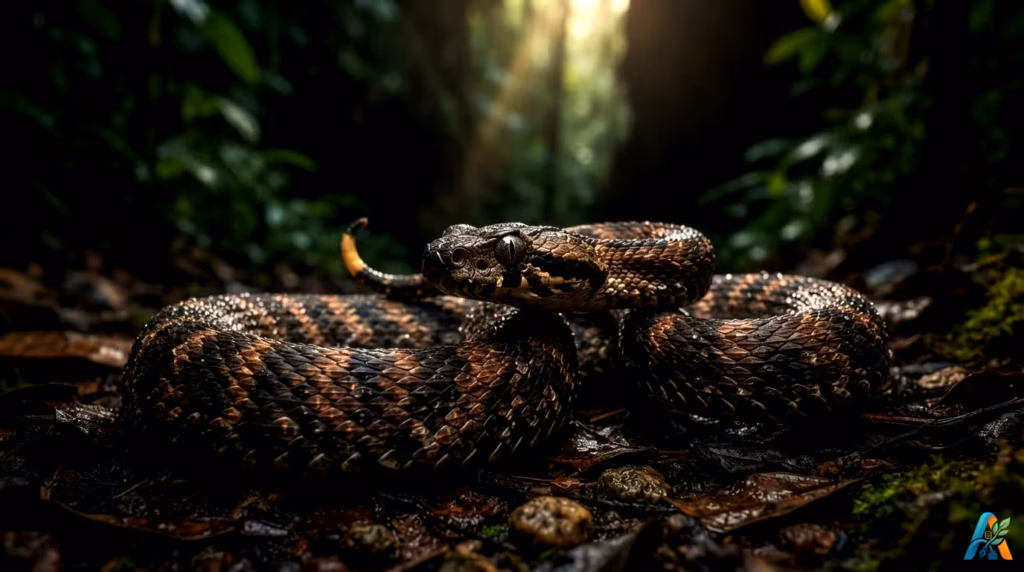 Ular Tanah Papua berbisa, Death Adder (Acanthophis laevis), melingkar di lantai hutan hujan yang gelap dengan daun-daun kering dan lumut.